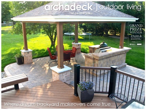 Open Porch over Belgard paver patio and outdoor kitchen, as viewed from the deck.