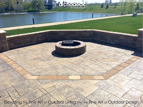 Stamped Concrete Patio with Fire Pit, Seat Wall